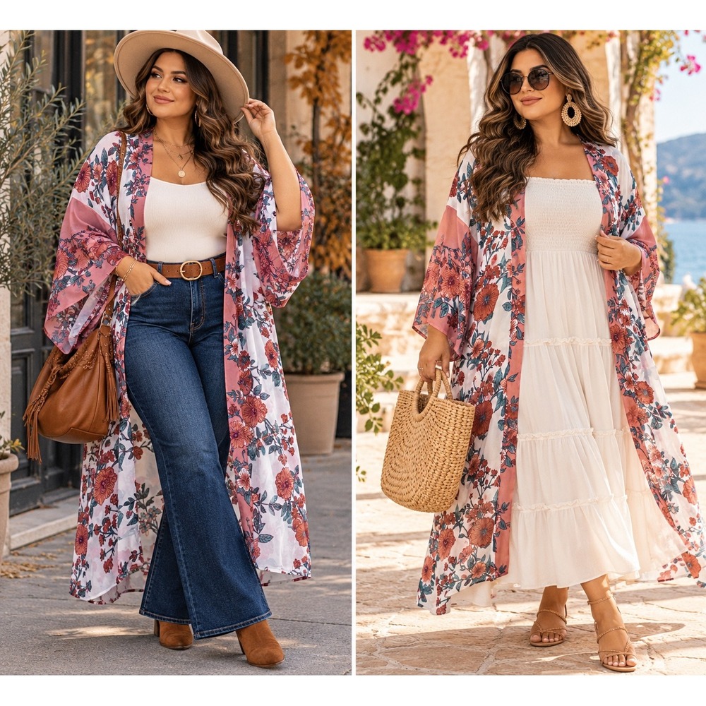 Derek Heart Plus Floral Kimono Duster Cardigan Pink White 3X Boho Layering Wrap